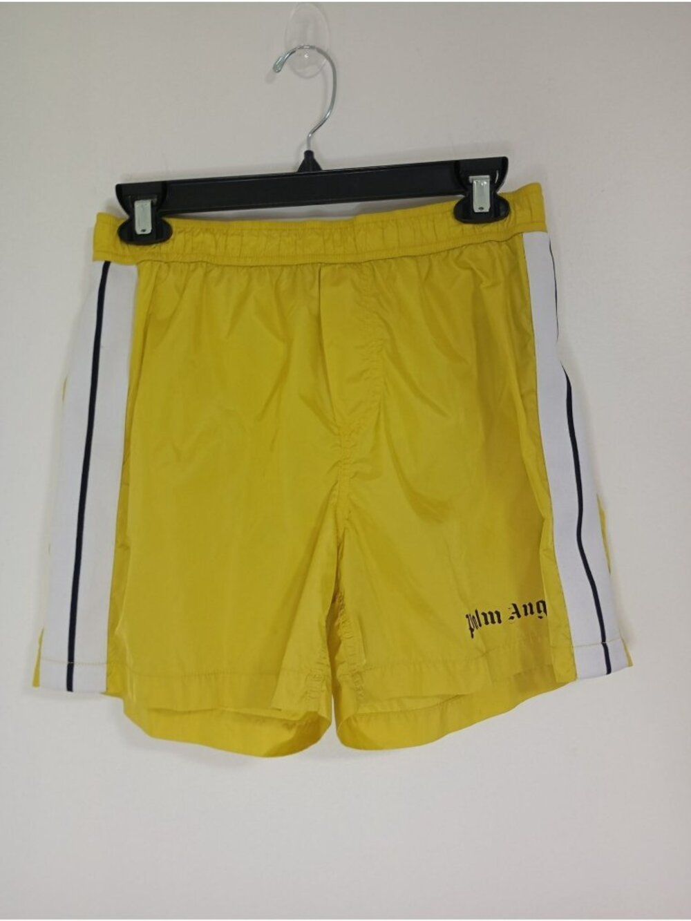 Palm Angels Yellow Nylon Athletic Shorts White Side Stripe S Elastic Waistband